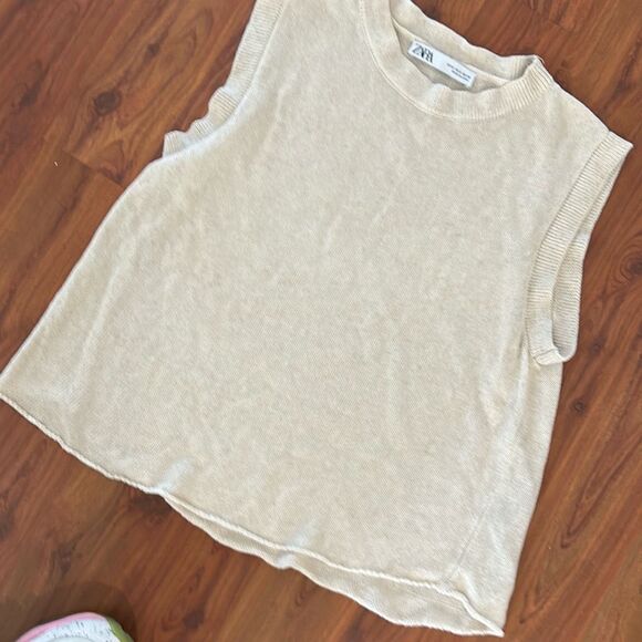 Zara beige cream sleeveless cropped sweater knit oatmeal color size small - Picture 3 of 4